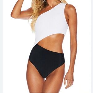 New Womens One Piece Black and White Colorblock Swimsuit